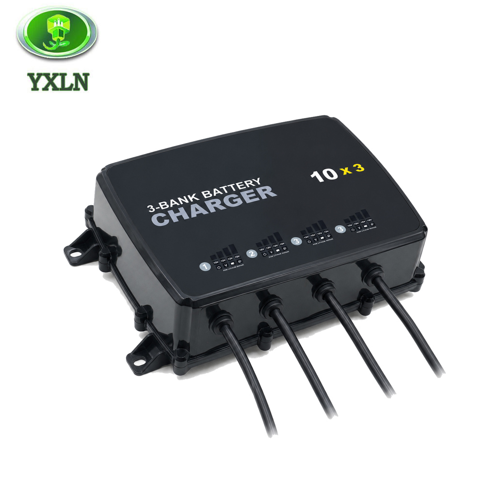 3-Bank 12V Battery Charger 10A Per Bank with Independent Outputs